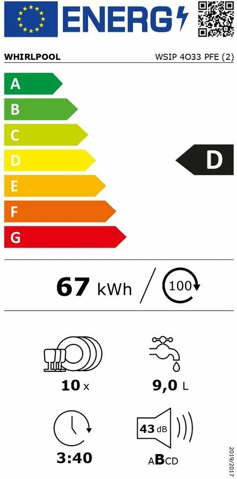 WHIRLPOOL Indaplovė WSIP4O33PFE, D energijos klasė (senas A+++), 45 cm, Powerclean PRO, Trečias krepšelis, 9 programos