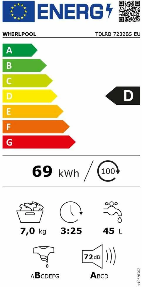 Whirlpool | Skalbimo mašina | TDLRB 7232BS EU | Energy efficiency class D | Top loading | Skalbimo talpa 7kg | 1200 RPM | Gylis 60 cm | Plotis 40 cm | LED | Baltas