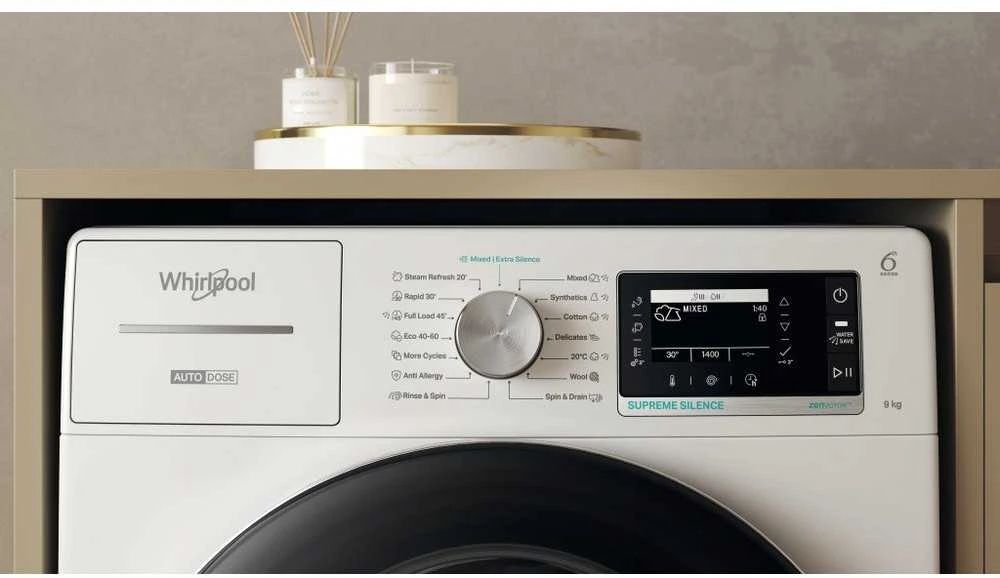 Whirlpool Skalbimo mašina | W8 99AD SILENCE EE | Energy efficiency class A | Front loading | Skalbimo talpa 9kg | 1400 RPM | Gylis 64.3 cm | Plotis 59.9 cm | LCD | Steam function | Direct drive | Baltas