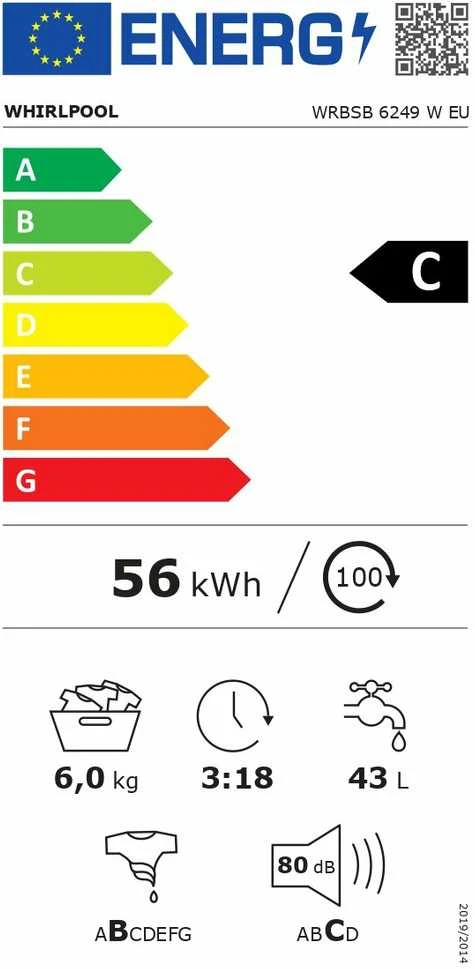 Whirlpool | Skalbimo mašina | WRBSB 6249 W EU | Energy efficiency class C | Front loading | Skalbimo talpa 6kg | 1200 RPM | Gylis 43 cm | Plotis 60 cm | LED | Baltas