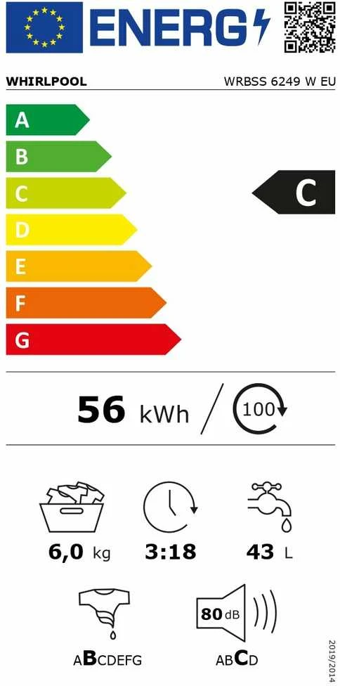 WHIRLPOOL Skalbimo mašina WRBSS 6249 W EU, 6kg, 1200 rpm, Energy class C, Gylis 42.5 cm, Inverter motor