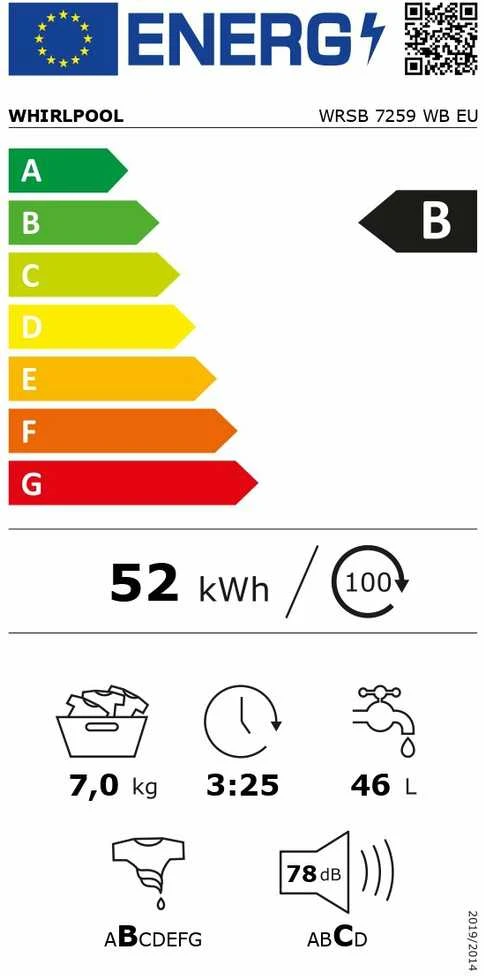 WHIRLPOOL Skalbimo mašina WRSB 7259 WB EU, 7kg, 1200 rpm, Energy class B, Gylis 43.5 cm, Inverter motor