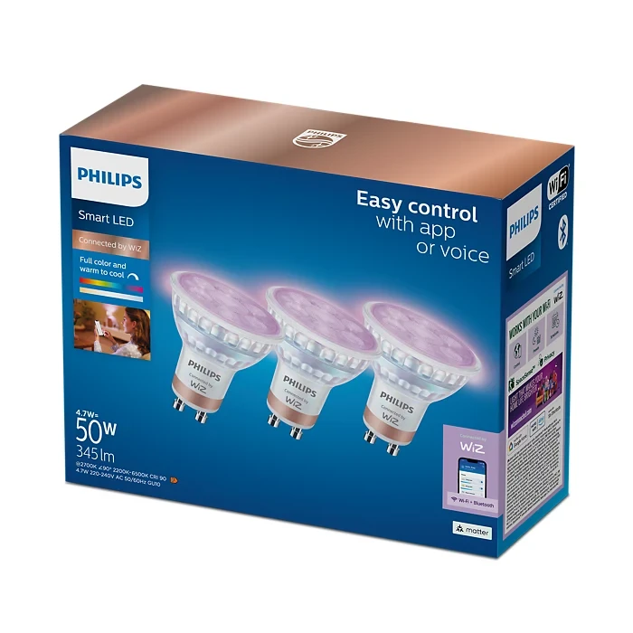 Wiz „Philips Smart“ išmanioji „Philips“ išmanioji „WiFi“ prožektorinė lemputė PAR16 RGB, 3 vnt. | GU10 | 4,7 W | spalvota