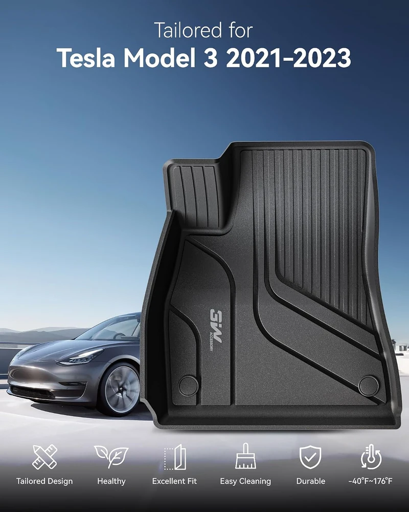 3W automobiliniai TPE grindų kilimėliai Tesla Model 3 2021–2023, juodi, Model3-6PCS