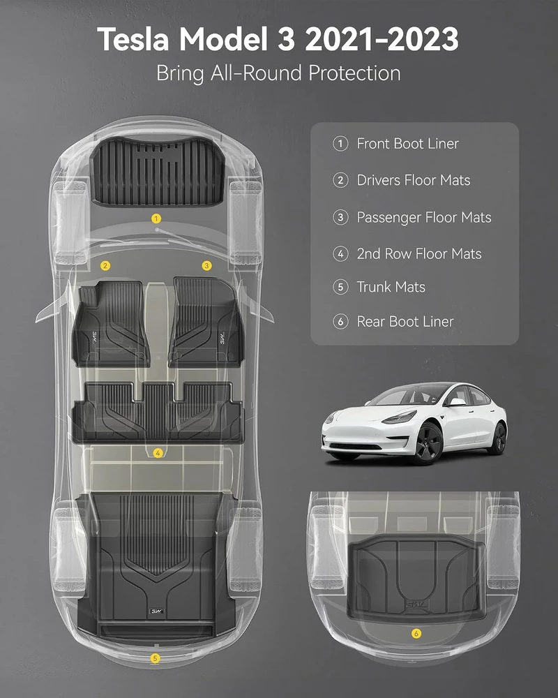 3W automobiliniai TPE grindų kilimėliai Tesla Model 3 2021–2023, juodi, Model3-6PCS