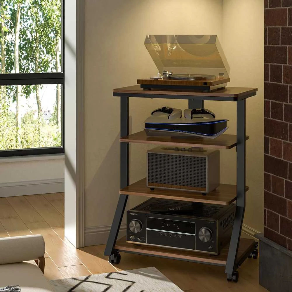 5Rcom HiFi medinė AV lentyna, 4 aukštų, maksimalus svoris 54 kg, reguliuojamas stovas HF2001BWM-NEW
