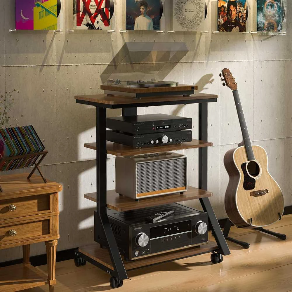 5Rcom HiFi medinė AV lentyna, 4 aukštų, maksimalus svoris 54 kg, reguliuojamas stovas HF2001BWM-NEW