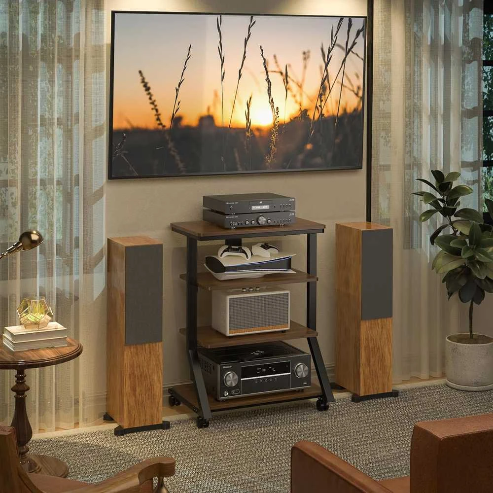 5Rcom HiFi medinė AV lentyna, 4 aukštų, maksimalus svoris 54 kg, reguliuojamas stovas HF2001BWM-NEW
