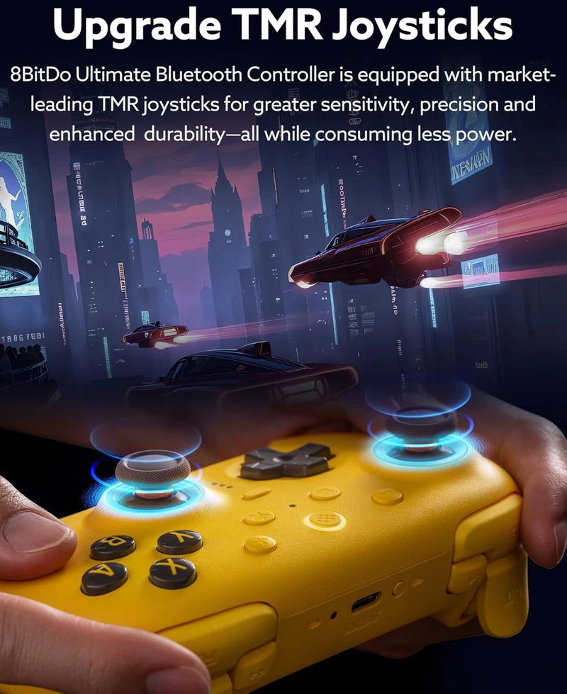 8Bitdo belaidis žaidimų pultas Ultimate 2 Bluetooth su RGB žiedu, TMR svirtelėmis ir programuojamais mygtukais, geltonas