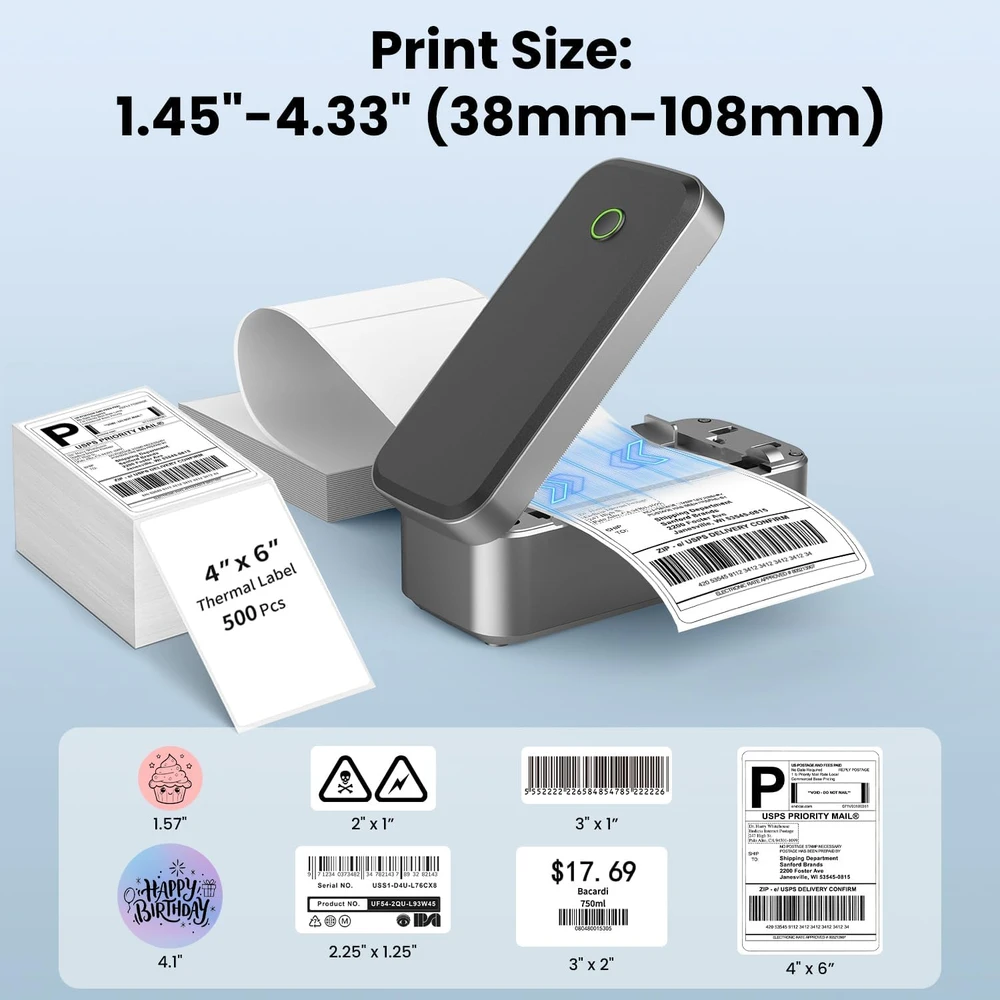 Ablemark terminis etikečių spausdintuvas, Bluetooth, 4 x 6 colių, suderinamas su iOS, Android, Windows, Mac, L100