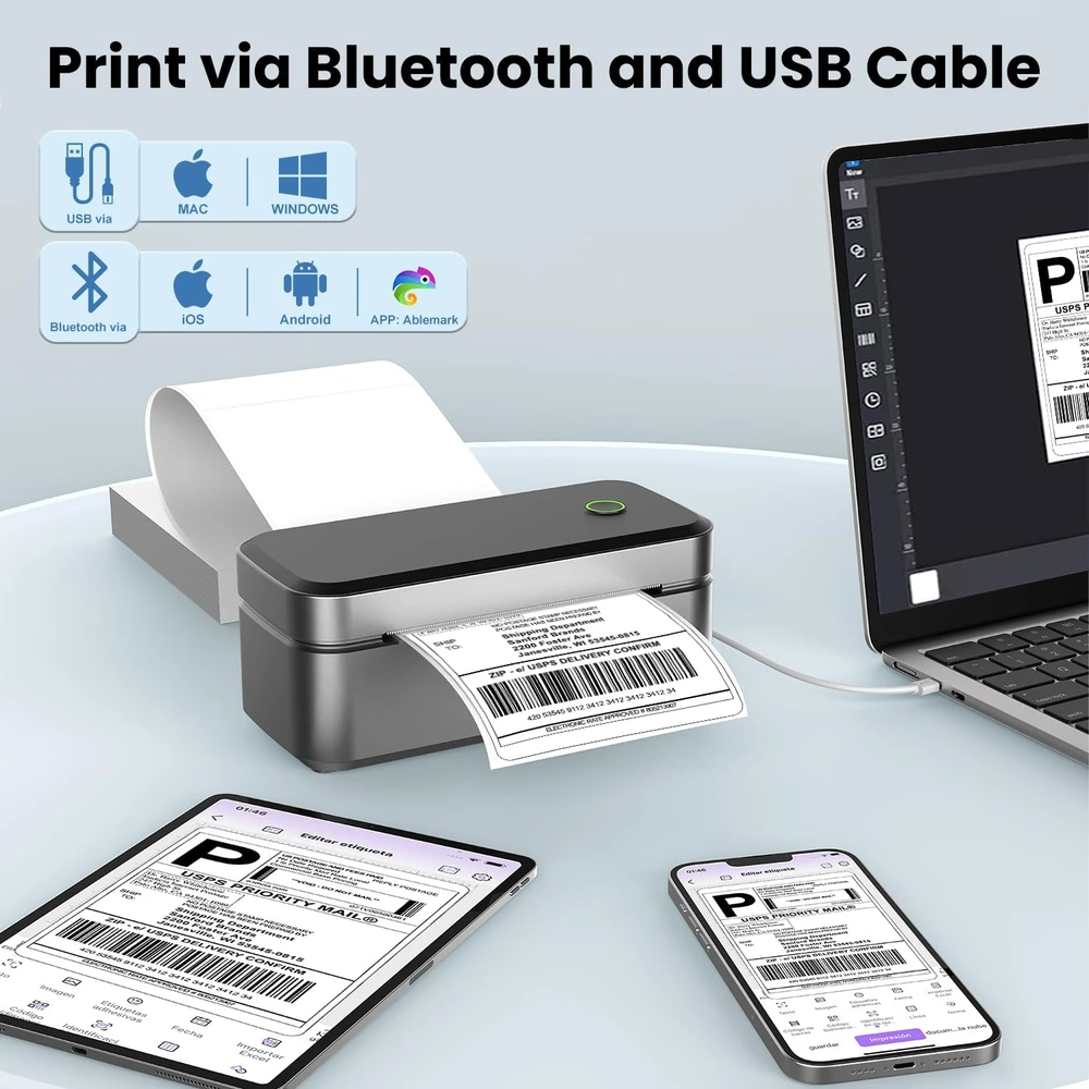 Ablemark terminis etikečių spausdintuvas, Bluetooth, 4 x 6 colių, suderinamas su iOS, Android, Windows, Mac, L100