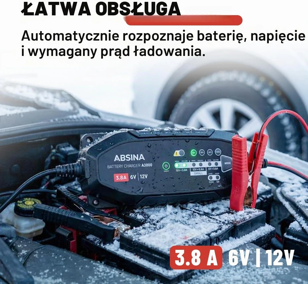 ABSINA akumuliatorių įkroviklis 6 V ir 12 V, 3,8 A, LiFePO4 ir švino rūgšties, 301008