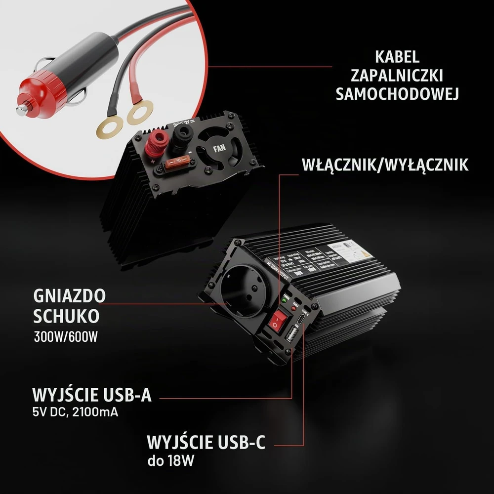 ABSINA įtampos keitiklis 12 V į 230 V, 300 W, modifikuota sinusoidė, 301500