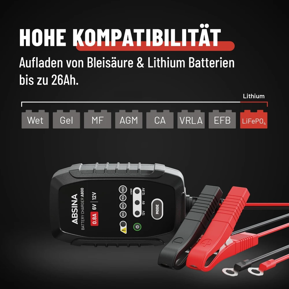 ABSINA motociklų akumuliatorių įkroviklis 6 V ir 12 V, 800 mA, 301006