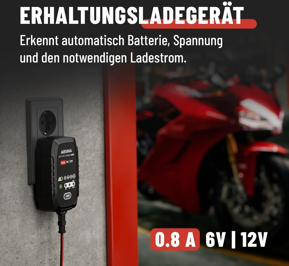 ABSINA motociklų akumuliatorių įkroviklis 6 V ir 12 V, 800 mA, 301006