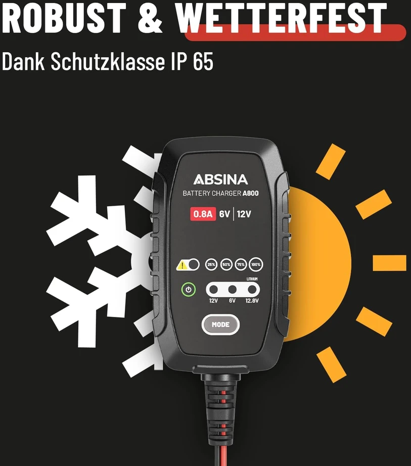 ABSINA motociklų akumuliatorių įkroviklis 6 V ir 12 V, 800 mA, 301006