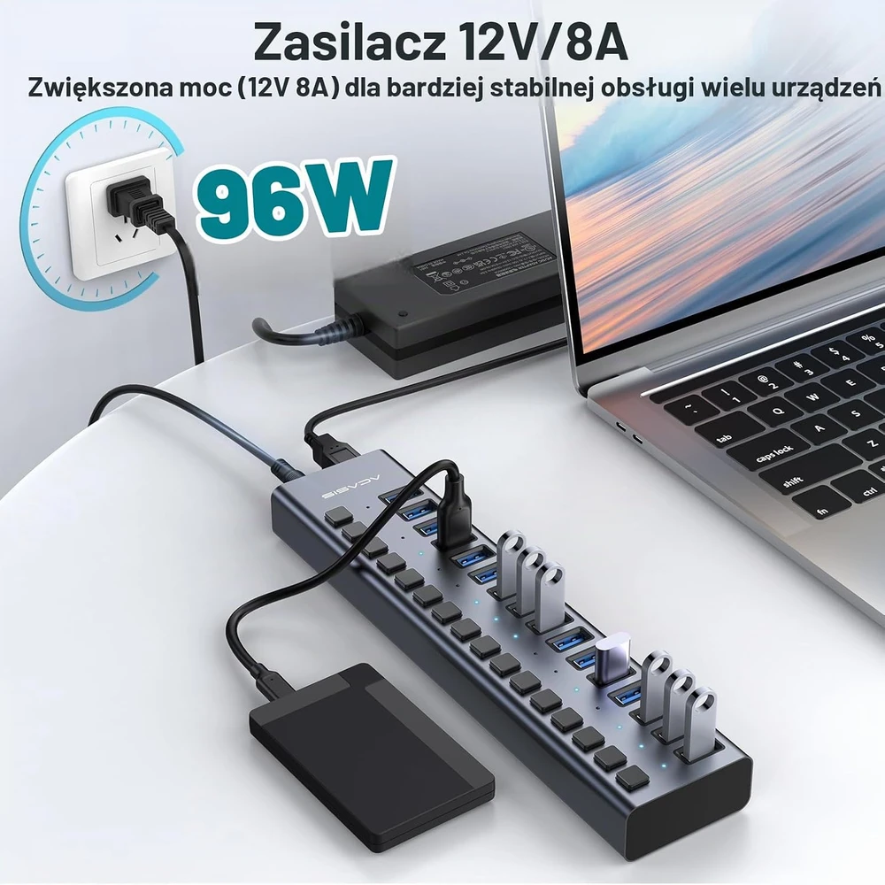 Acasis aliumininis 16 prievadų USB 3.1 šakotuvas 10 Gb/s, 96 W, HS082