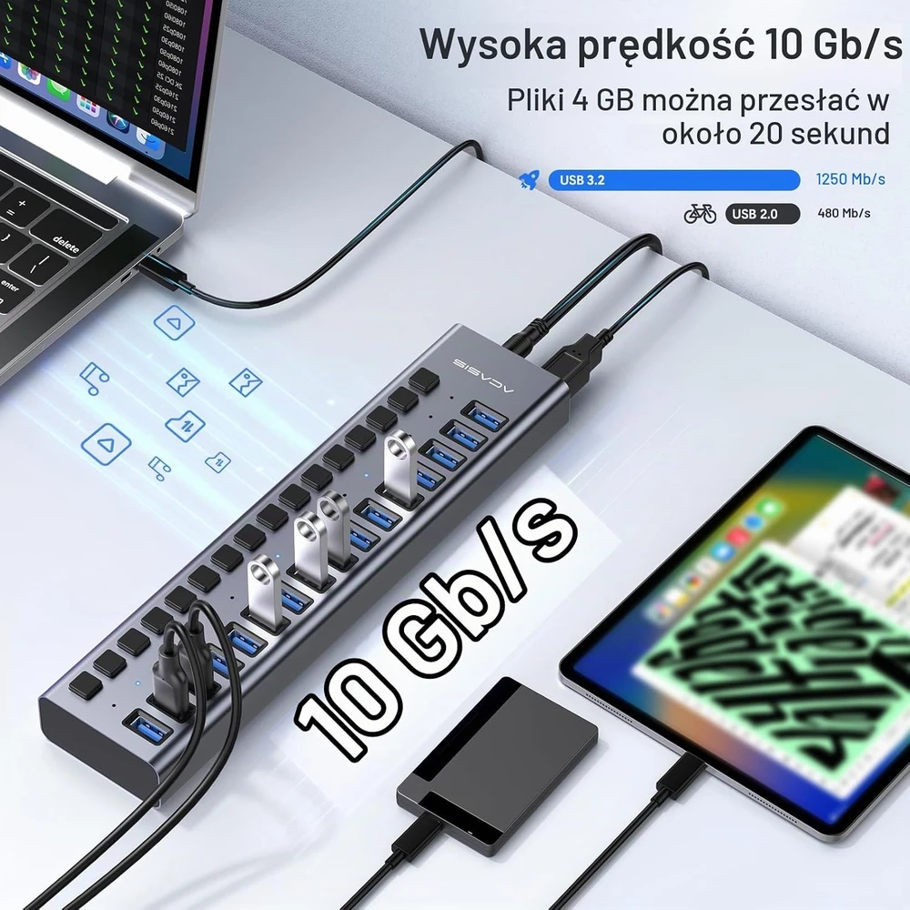 Acasis aliumininis 16 prievadų USB 3.1 šakotuvas 10 Gb/s, 96 W, HS082