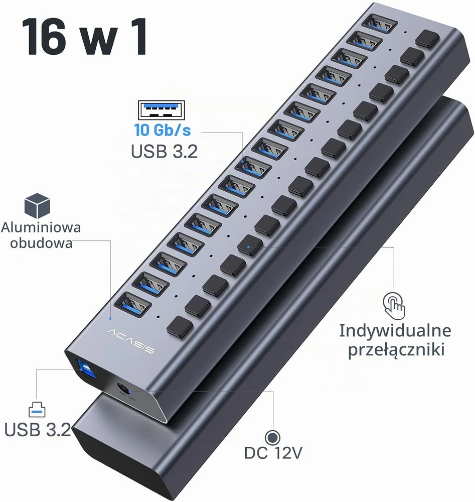 Acasis aliumininis 16 prievadų USB 3.1 šakotuvas 10 Gb/s, 96 W, HS082
