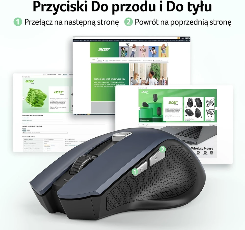 Acer belaidė ergonominė optinė pelė, 2,4 GHz, 1600 DPI, 6 mygtukai, OMR266