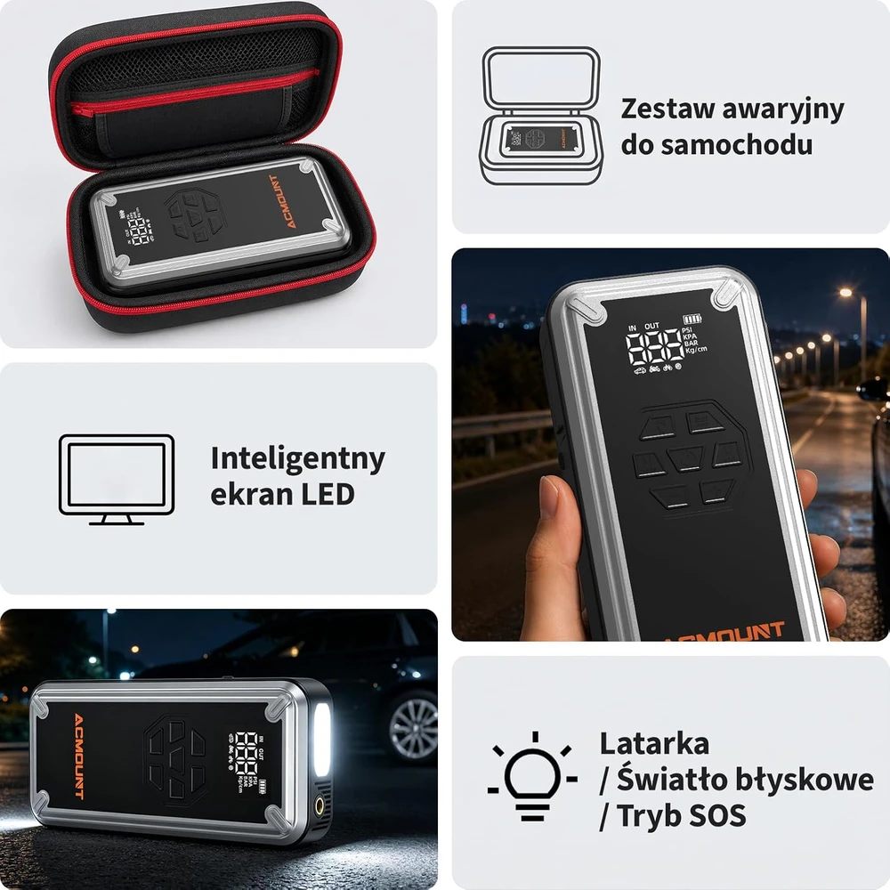Acmount automobilinis paleidimo įrenginys 7000 A, 21800 mAh su 150 PSI kompresoriumi W160