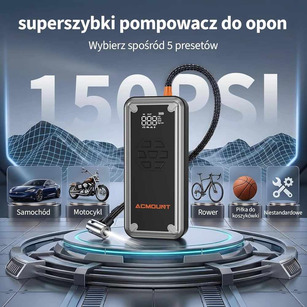 Acmount automobilinis paleidimo įrenginys 7000 A, 21800 mAh su 150 PSI kompresoriumi W160