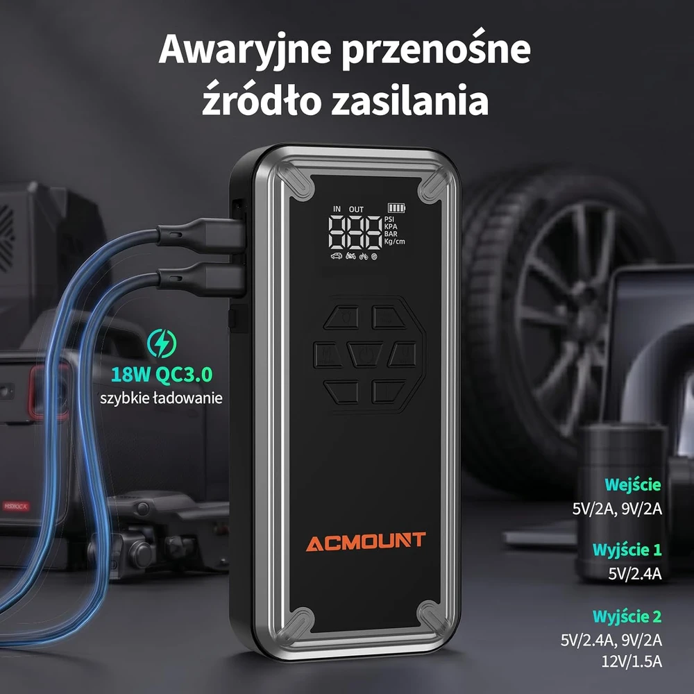 Acmount automobilinis paleidimo įrenginys 7000 A, 21800 mAh su 150 PSI kompresoriumi W160