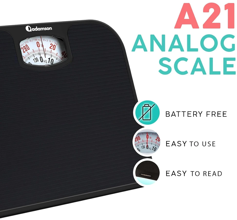 Adamson analoginės kūno svarstyklės A21 iki 136 kg su neslystančiu guminiu paviršiumi
