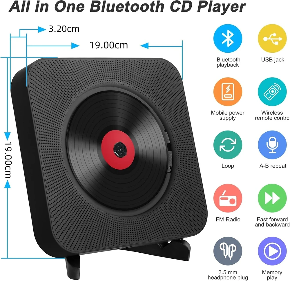 Adirigo nešiojamas CD grotuvas su Bluetooth, radiju, USB ir 3,5 mm jungtimi KC-808