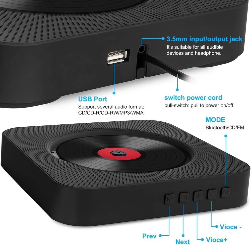 Adirigo nešiojamas CD grotuvas su Bluetooth, radiju, USB ir 3,5 mm jungtimi KC-808