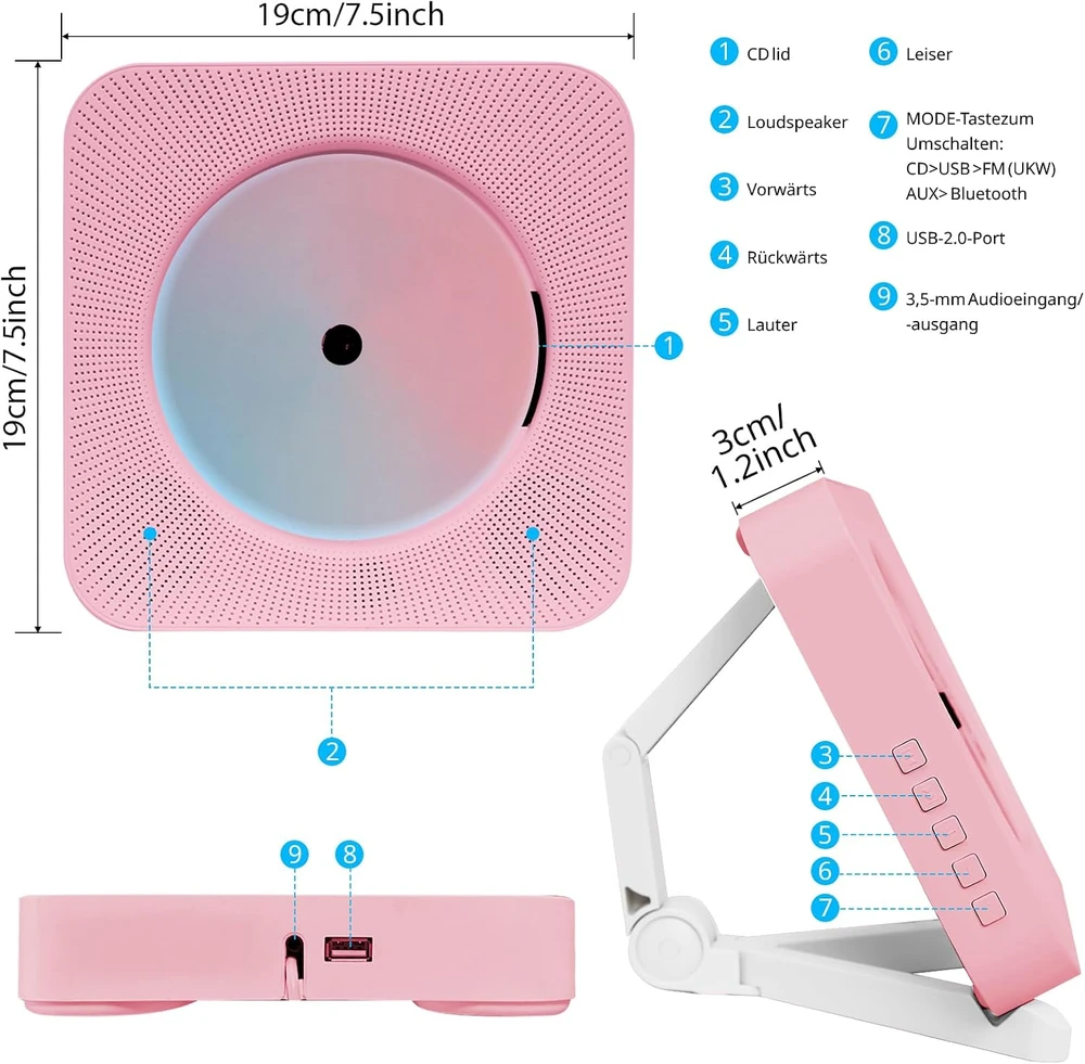Adirigo nešiojamasis CD grotuvas su Bluetooth, FM radiju ir USB, modelis 808