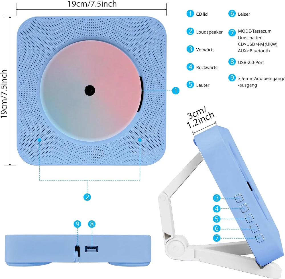 Adirigo nešiojamasis CD grotuvas su Bluetooth, FM radiju, USB ir AUX, Base 808