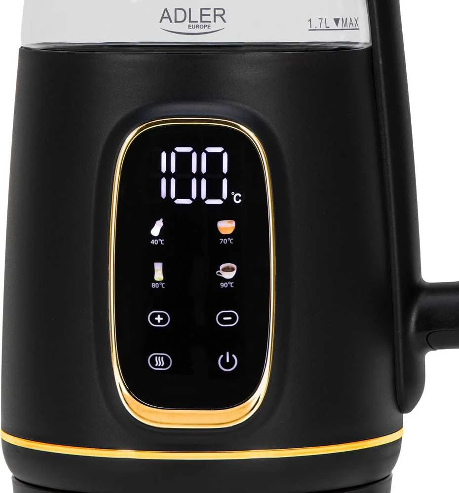 ADLER EUROPE elektrinis virdulys su temperatūros reguliavimu, stiklinis, 1,7 l, LED, 1850 W, AD1305BG