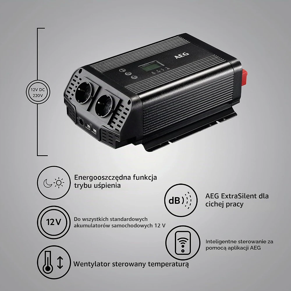 AEG grynosios sinusoidės įtampos keitiklis automobiliui 600 W, 12 V į 230 V, su USB, 10059