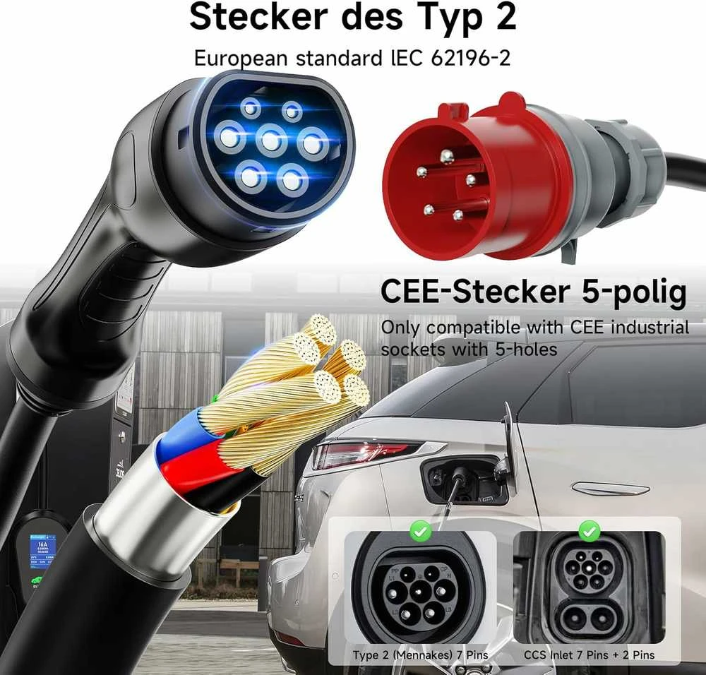 AFYEEV mobilus sieninis EV įkroviklis 11 kW, 3 fazių, Type 2, 7 m kabelis, 6–16 A
