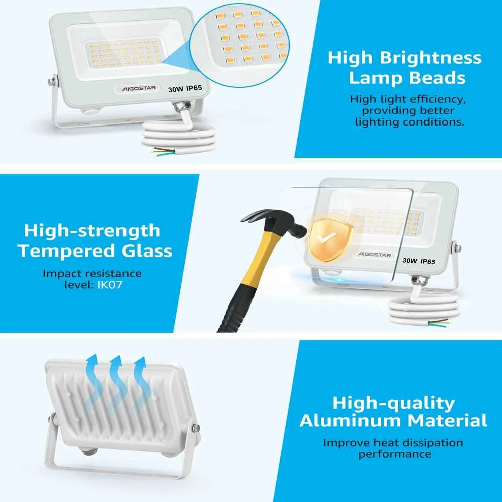 Aigostar 30 W lauko LED prožektorius, 2450 lm, IP65, natūrali balta 4000 K, 2 vnt. rinkinys