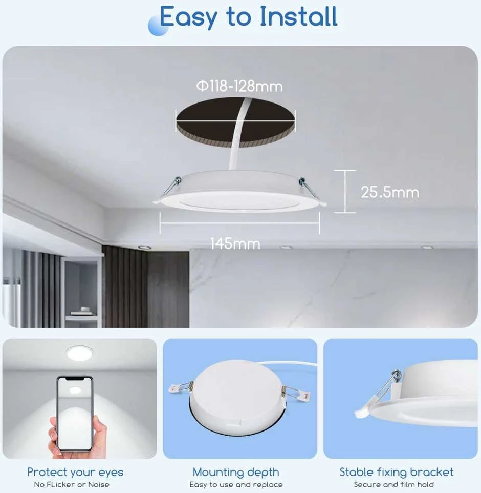 Aigostar itin plonas LED lubinis šviestuvas, 9 W, 230 V, 6500 K šaltai balta, įleidžiamas, 6 vnt. rinkinys