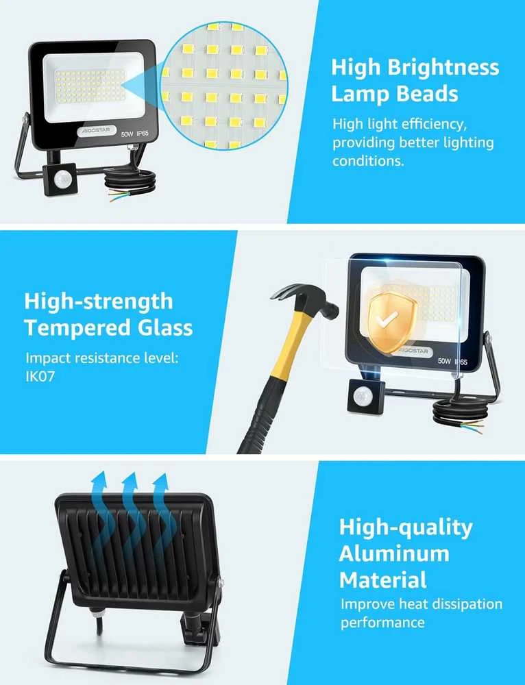 Aigostar lauko LED prožektorius 50 W, su judesio jutikliu, 4600 lm, IP65, 6500 K, 2 vnt.