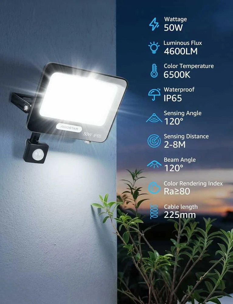 Aigostar lauko LED prožektorius 50 W, su judesio jutikliu, 4600 lm, IP65, 6500 K, 2 vnt.