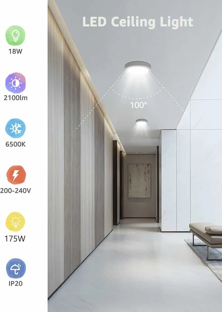 Lubinis šviestuvas Aigostar LED lubinė lempa, 18 W, 2100 lm, 6500 K balta, aliuminio korpusas, Ø17,4 cm, 2 vnt.