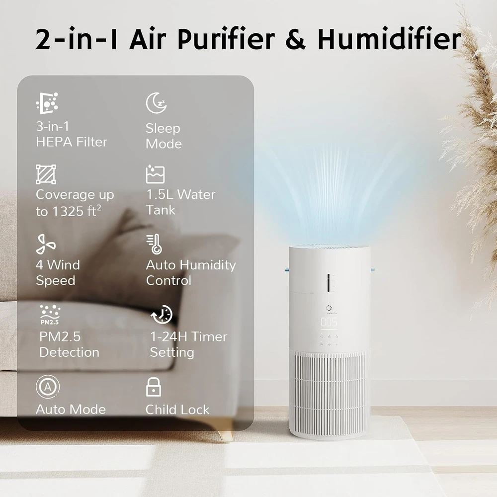 Airthereal oro valytuvas ir drėkintuvas 2 viename su HEPA filtru iki 123 m² AEH300