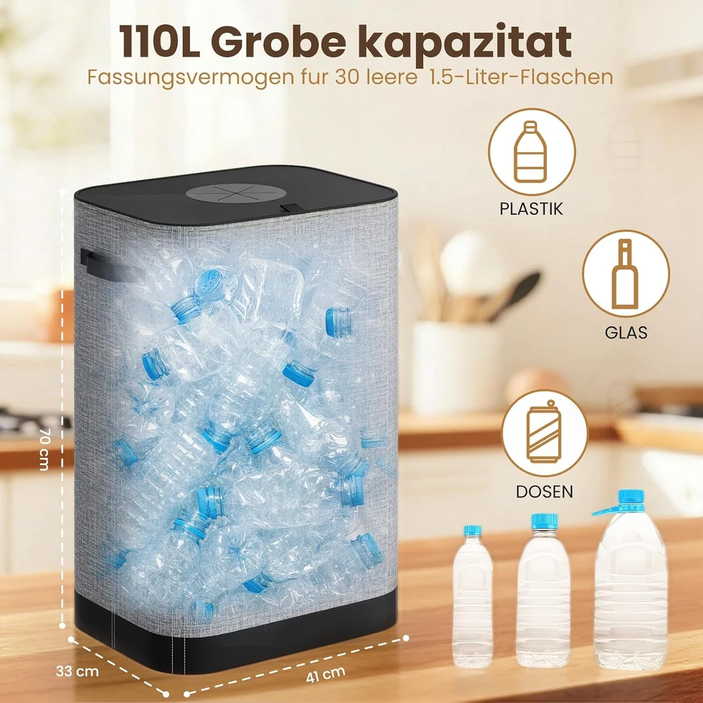 AIUNAOM butelių perdirbimo dėžė su išimamu maišu, 110 l, pilka, KCB0102