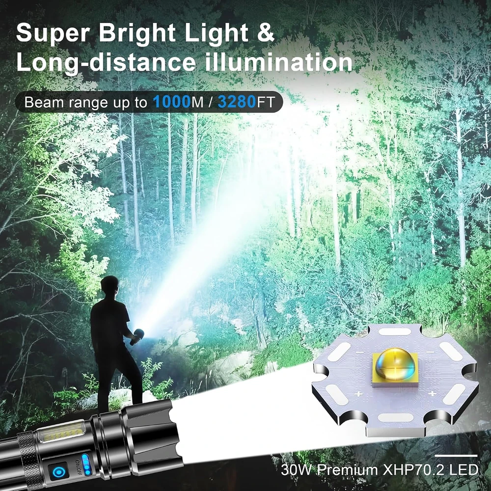 AIUNAOM įkraunamas LED taktinis žibintuvėlis 500000 lm, USB-C, IPX6, 1670