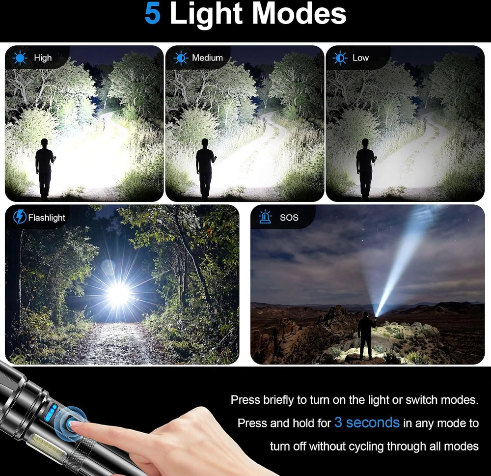 AIUNAOM įkraunamas LED taktinis žibintuvėlis 500000 lm, USB-C, IPX6, 1670