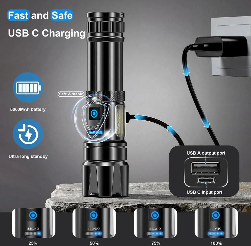AIUNAOM įkraunamas LED taktinis žibintuvėlis 500000 lm, USB-C, IPX6, 1670