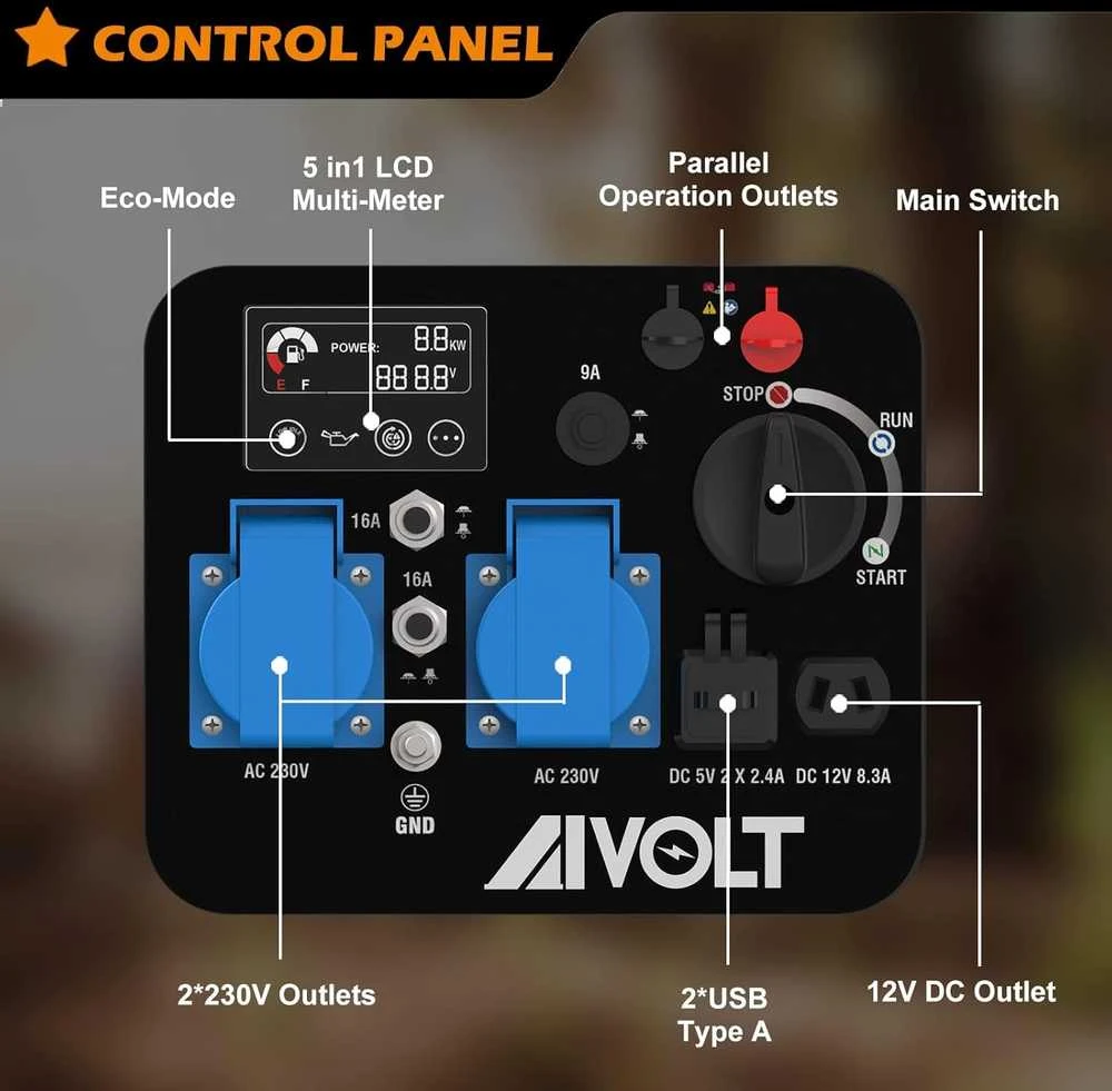 AIVOLT benzininis inverterinis generatorius 3200W, 230V, 2x USB, 3.5L bakas, EUVS4350101