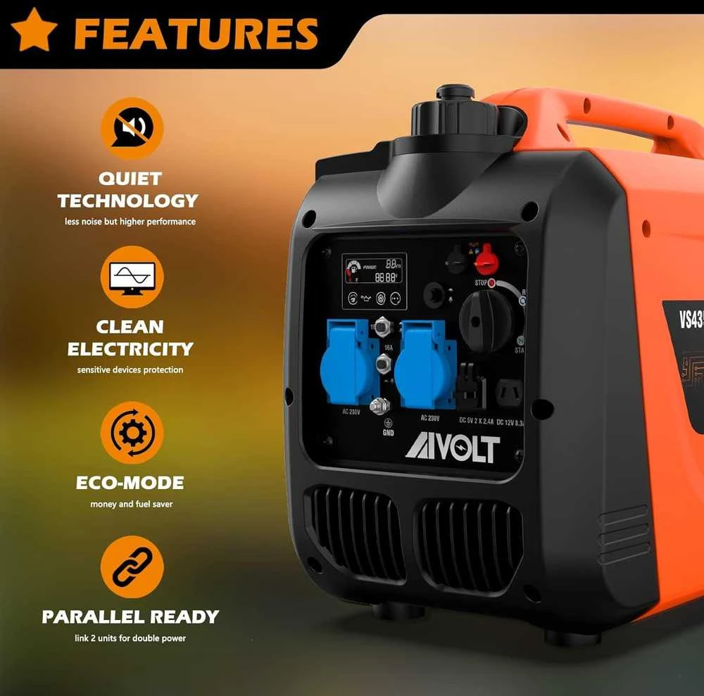 AIVOLT benzininis inverterinis generatorius 3200W, 230V, 2x USB, 3.5L bakas, EUVS4350101
