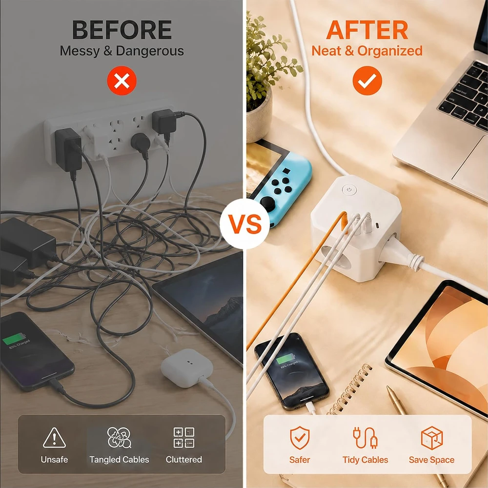 AIVONTE maitinimo ilgintuvas su 4 lizdais, 4 USB prievadais, USB-C 20 W, 2 m