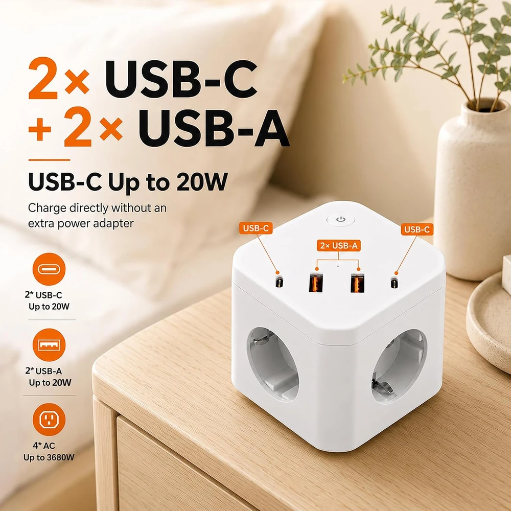 AIVONTE maitinimo ilgintuvas su 4 lizdais, 4 USB prievadais, USB-C 20 W, 2 m