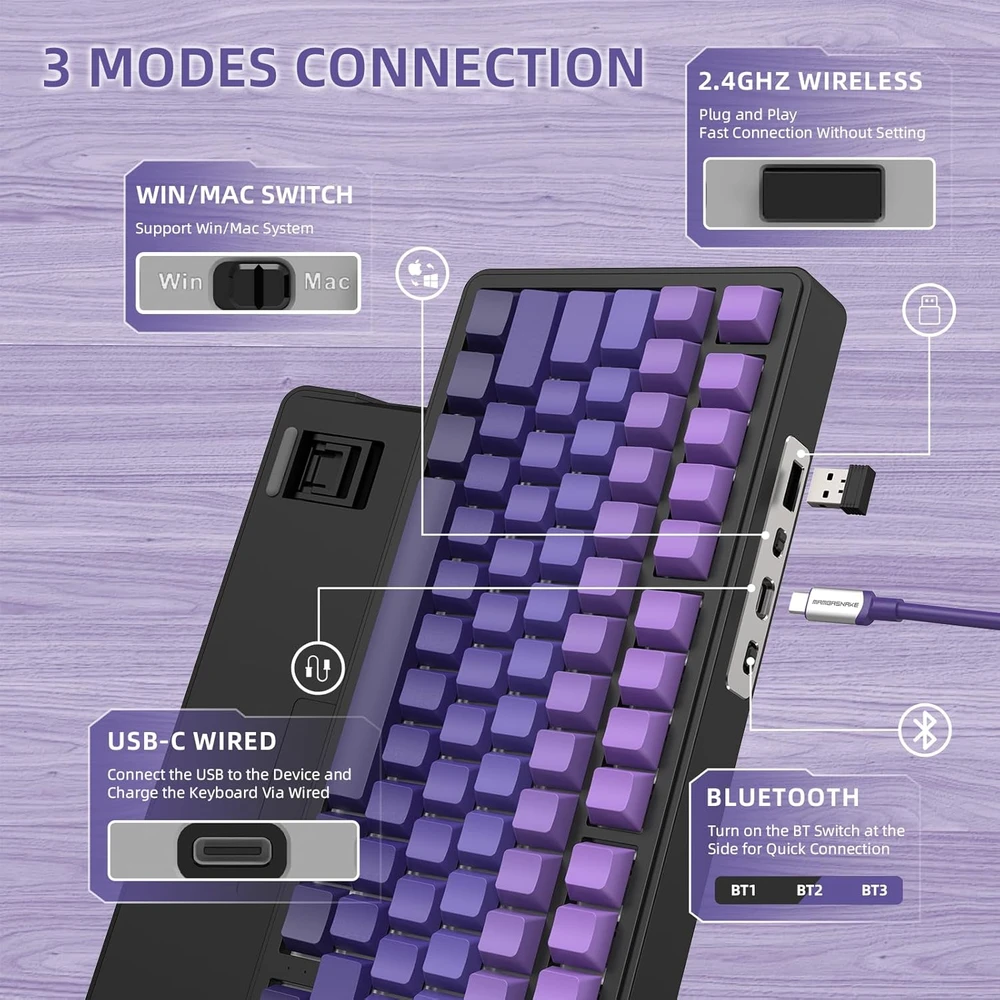 AJAZZ Attack Shark X85 belaidė mechaninė žaidimų klaviatūra, 75%, BT/2.4 GHz/USB-C, RGB, hot-swap